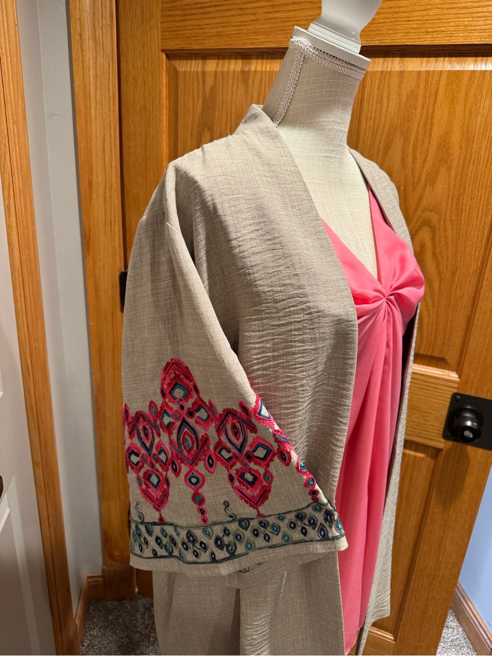 Beige Embroidered Kimono Jacket with Pink Accents and tank top